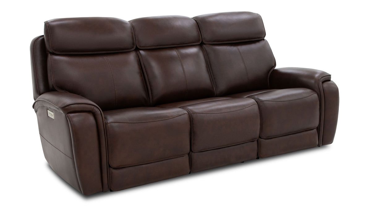 A dark brown leather reclining loveseat sofa with segmented back cushions and padded armrests, shown on a plain white studio background.
