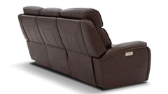 A dark brown leather reclining sofa shown from a three-quarter rear angle on a white background.