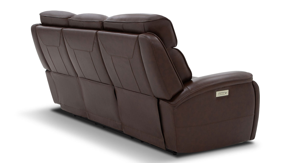 A dark brown leather reclining sofa shown from a three-quarter rear angle on a white background.