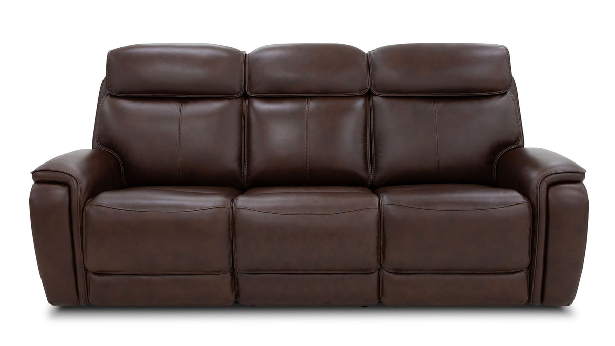 A three-seat power reclining sofa upholstered in dark brown leather, shown from a front-facing perspective against a plain white background.