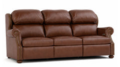 Sofá reclinable eléctrico «Stickley Durango Darian Spice» de piel de grano superior que se adapta a la pared | Fabricado en EE. UU. | Gallery Furniture