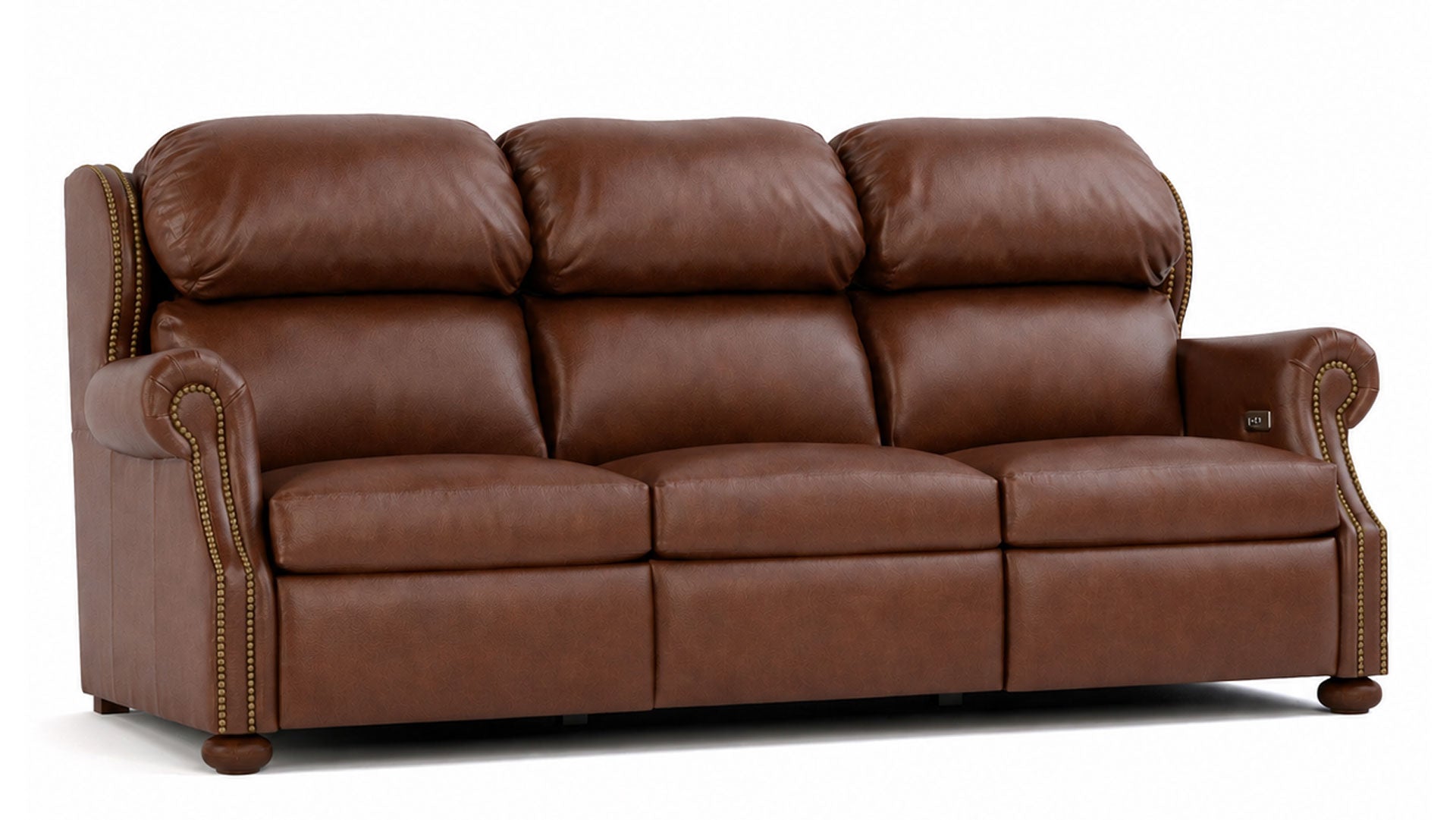 Sofá reclinable eléctrico «Stickley Durango Darian Spice» de piel de grano superior que se adapta a la pared | Fabricado en EE. UU. | Gallery Furniture