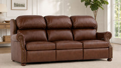 Sofá reclinable eléctrico «Stickley Durango Darian Spice» de piel de grano superior que se adapta a la pared | Fabricado en EE. UU. | Gallery Furniture