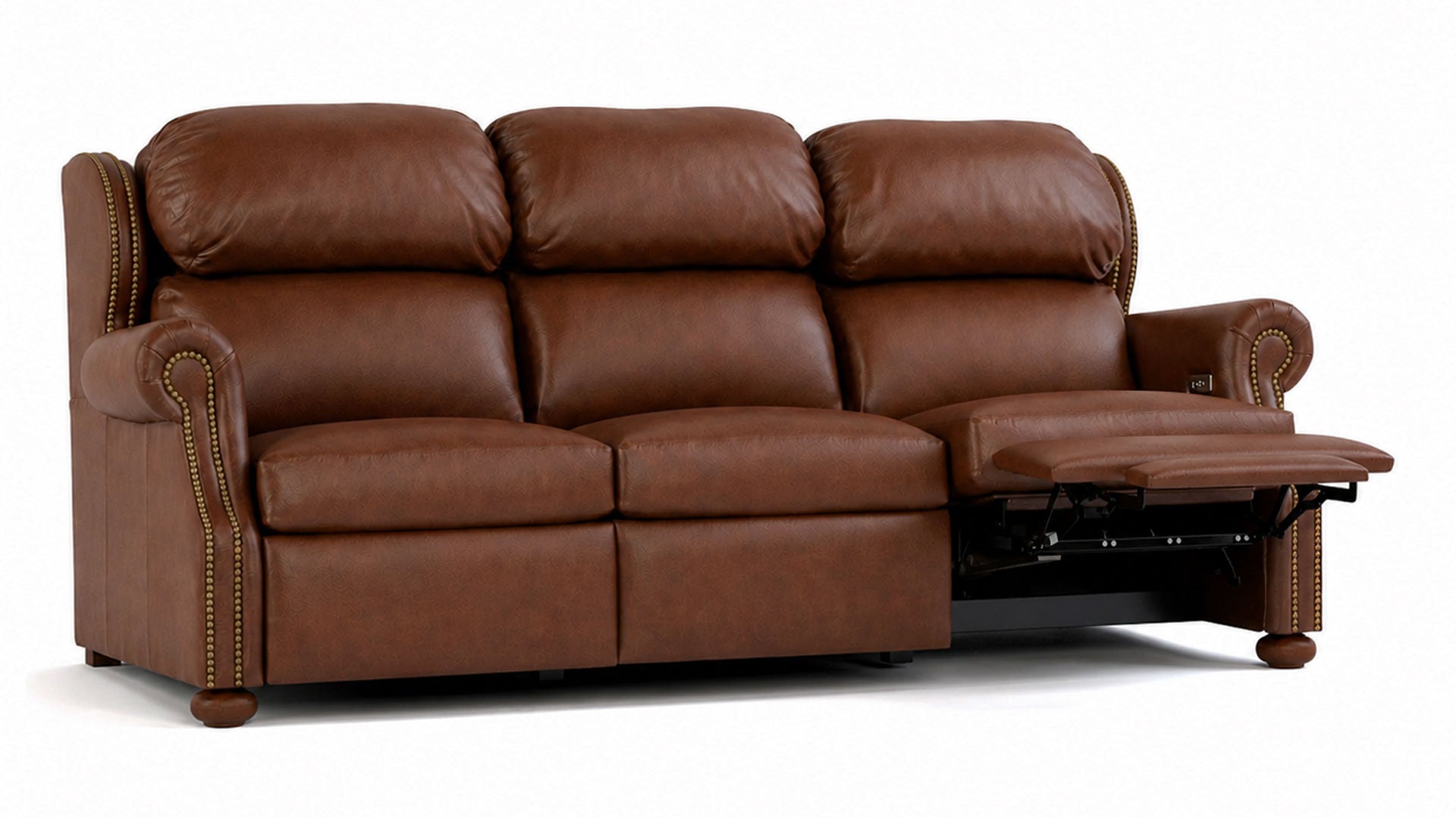 Sofá reclinable eléctrico «Stickley Durango Darian Spice» de piel de grano superior que se adapta a la pared | Fabricado en EE. UU. | Gallery Furniture