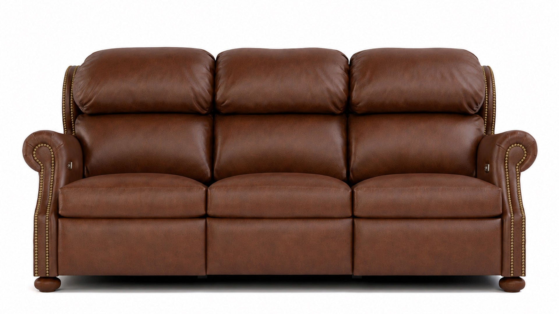 Sofá reclinable eléctrico «Stickley Durango Darian Spice» de piel de grano superior que se adapta a la pared | Fabricado en EE. UU. | Gallery Furniture