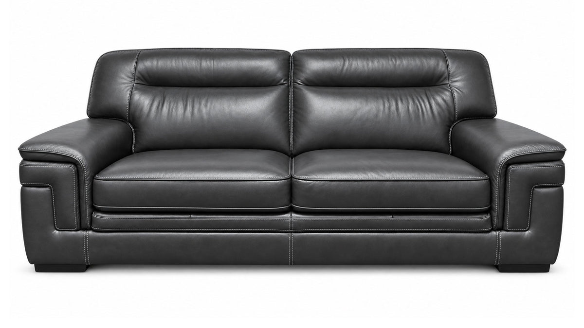 A modern black leather loveseat sofa with two seat cushions, padded backrests, and wide armrests, shown against a plain white background.