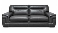 A modern black leather loveseat sofa with two seat cushions, padded backrests, and wide armrests, shown against a plain white background.