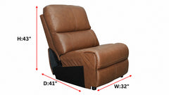 Brown leather recliner chair with dimensions labeled on a white background