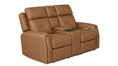 A two-seater power reclining loveseat in tan leather with a center console cup holder, shown on a plain white background.