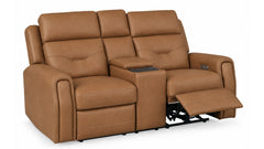 A three-seat power recliner loveseat in tan leather, with the right armrest extended and a center console table between the seats, shown on a white background.