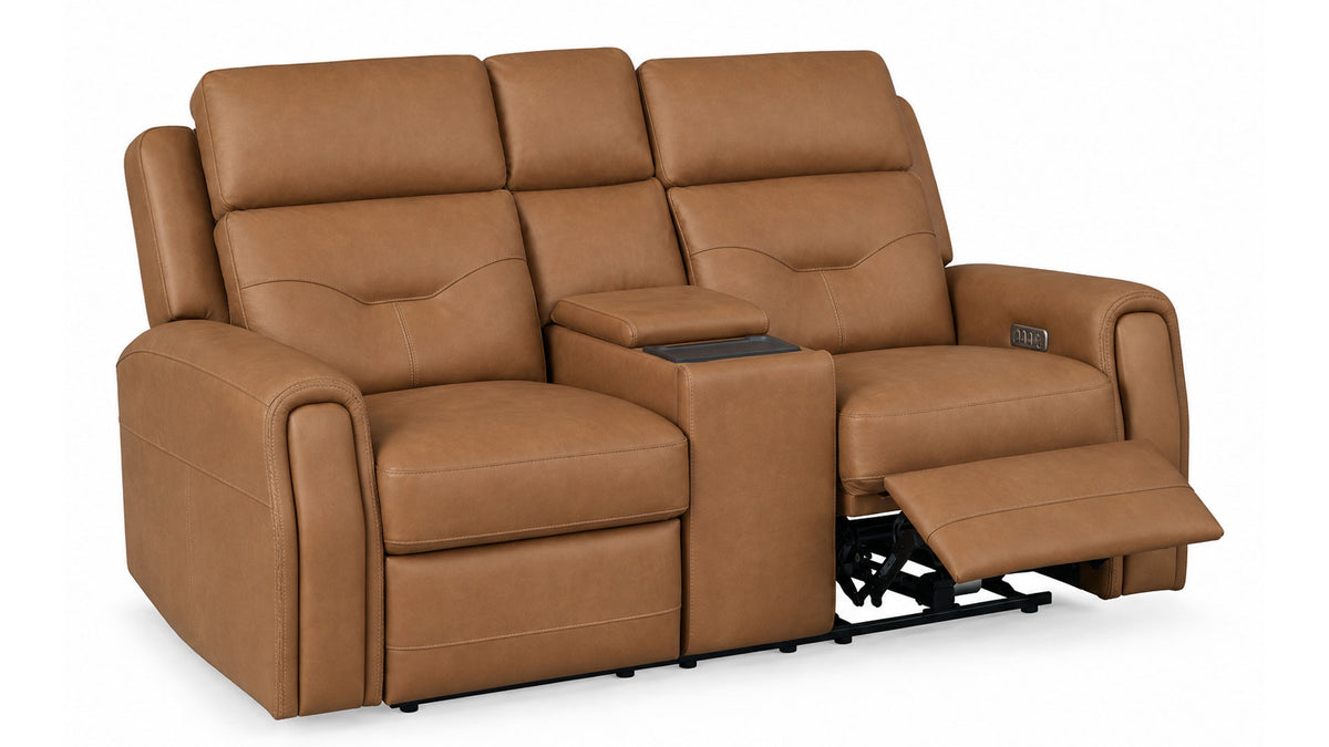 A three-seat power recliner loveseat in tan leather, with the right armrest extended and a center console table between the seats, shown on a white background.