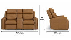 Brown reclining loveseat sofa shown on a white background with dimension callouts: 74 inches wide, 44 inches high, and 39 inches deep.