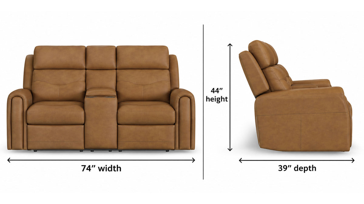 Brown reclining loveseat sofa shown on a white background with dimension callouts: 74 inches wide, 44 inches high, and 39 inches deep.