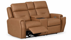 A three-seat brown leather recliner loveseat with two extended footrests, a center armrest console, and side cup holders, shown on a white background.