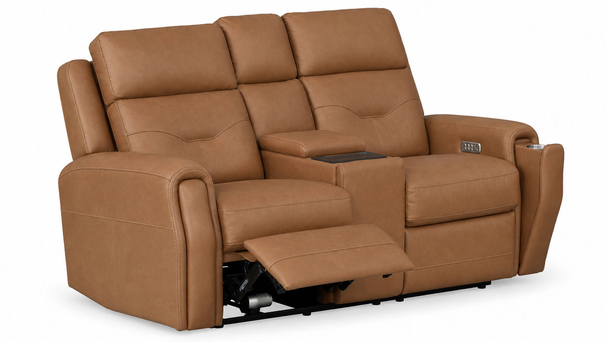 A three-seat brown leather recliner loveseat with two extended footrests, a center armrest console, and side cup holders, shown on a white background.