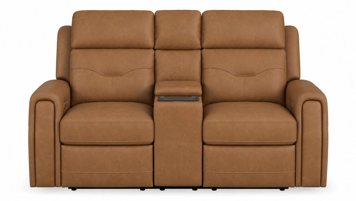 A three-seat power reclining loveseat in tan leather, featuring a central armrest with a built-in media console tray and individual reclining sections for each seat.