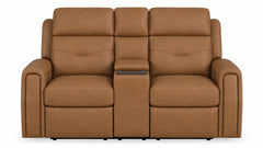 A three-seat power reclining loveseat in tan leather, featuring a central armrest with a built-in media console tray and individual reclining sections for each seat.