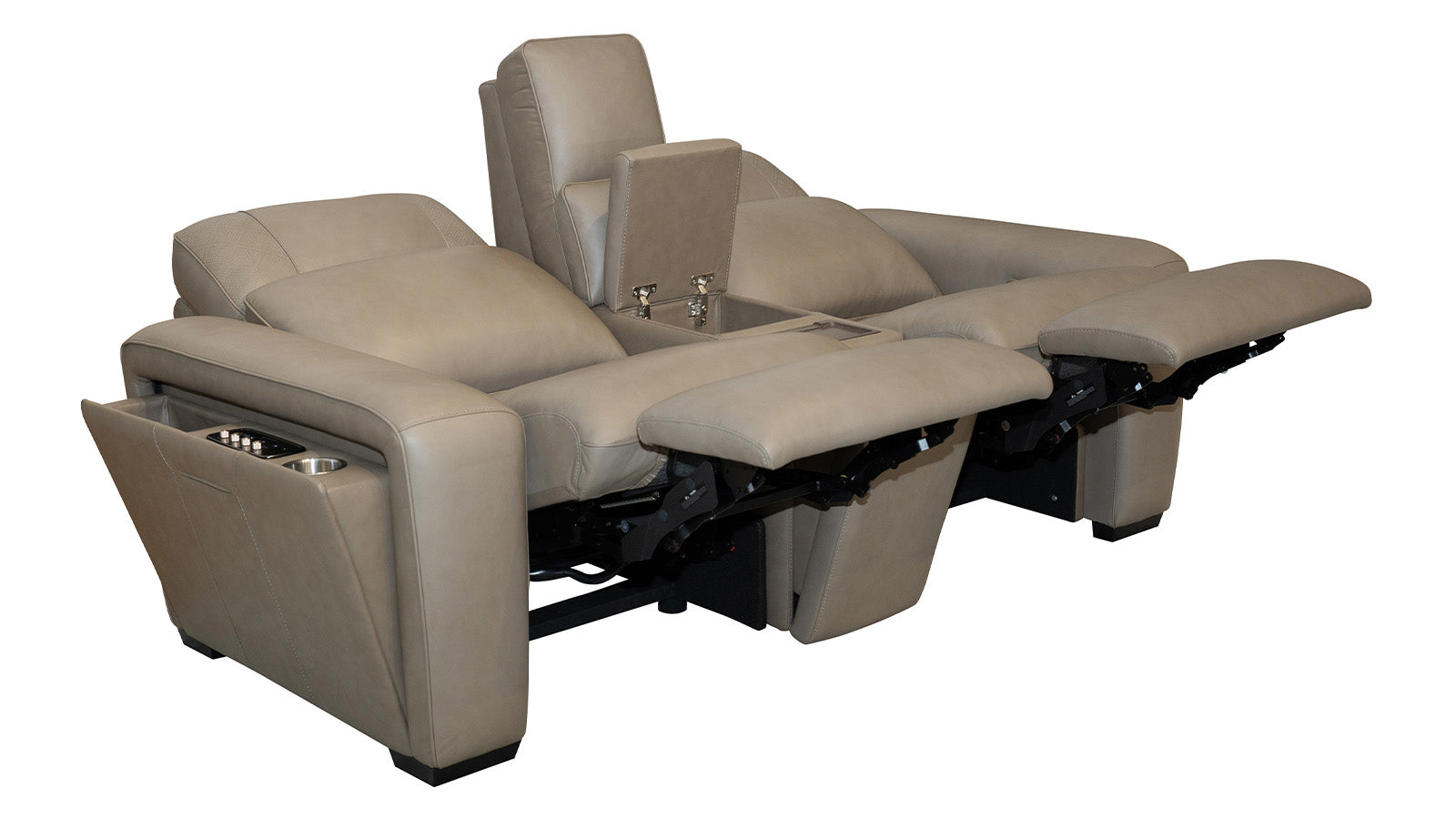 Beige recliner theater seat with cup holders on a white background