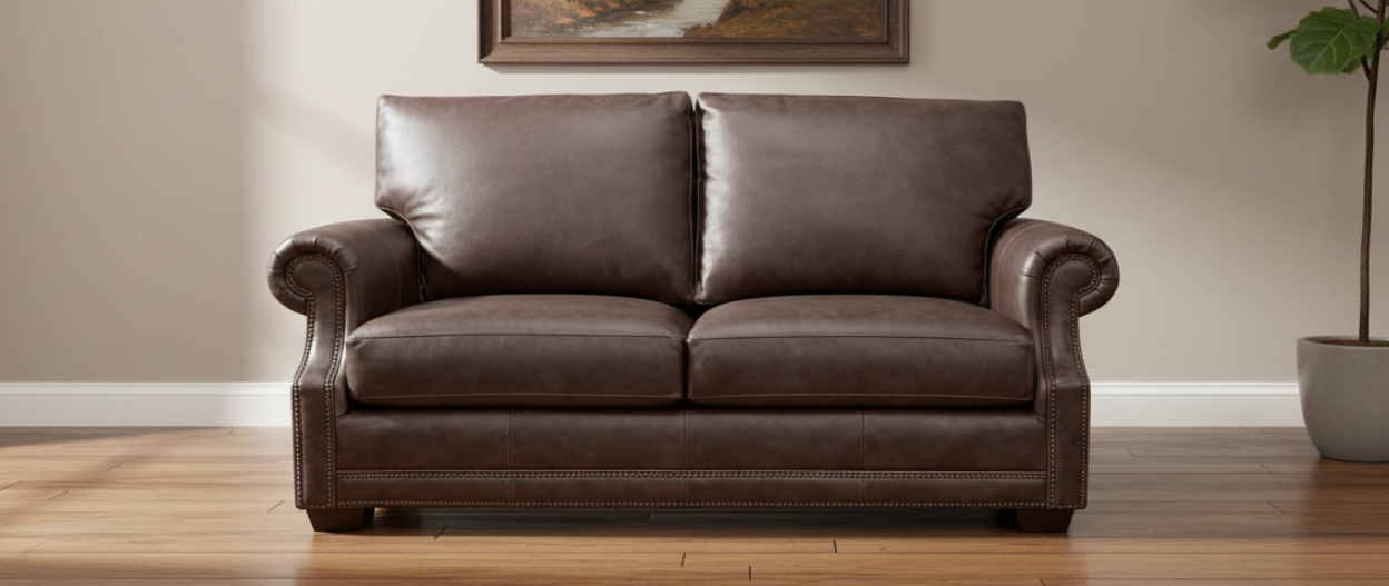 Sofá de cuero marrón en una habitación con una combinación de colores neutros.