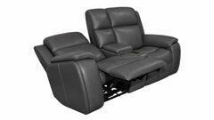 A dark gray leather reclining loveseat with two seat cushions, shown with one cushion reclined and the center armrest extended, on a plain white background.