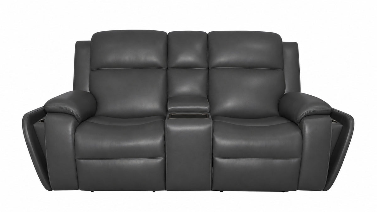A three-seat reclining sofa in dark gray leather, featuring padded backrests, wide armrests, and a center console between the seats, shown against a plain white background.