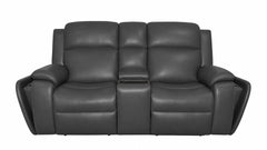 A three-seat reclining sofa in dark gray leather, featuring padded backrests, wide armrests, and a center console between the seats, shown against a plain white background.