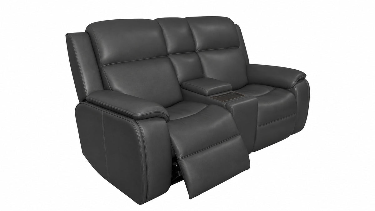 A black leather reclining loveseat with a center console and extended front footrest, shown on a plain white background.