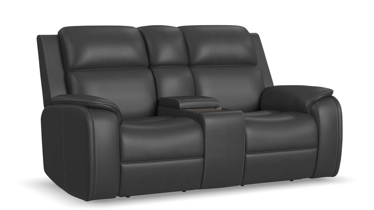 Black leather reclining loveseat with a center console armrest and cup holder, shown on a white background.