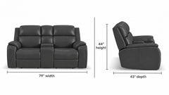 Brown leather reclining sofa shown from the front with dimension labels indicating 79 inches wide, 44 inches high, and 43 inches deep, alongside a side profile of a matching recliner on a white background.