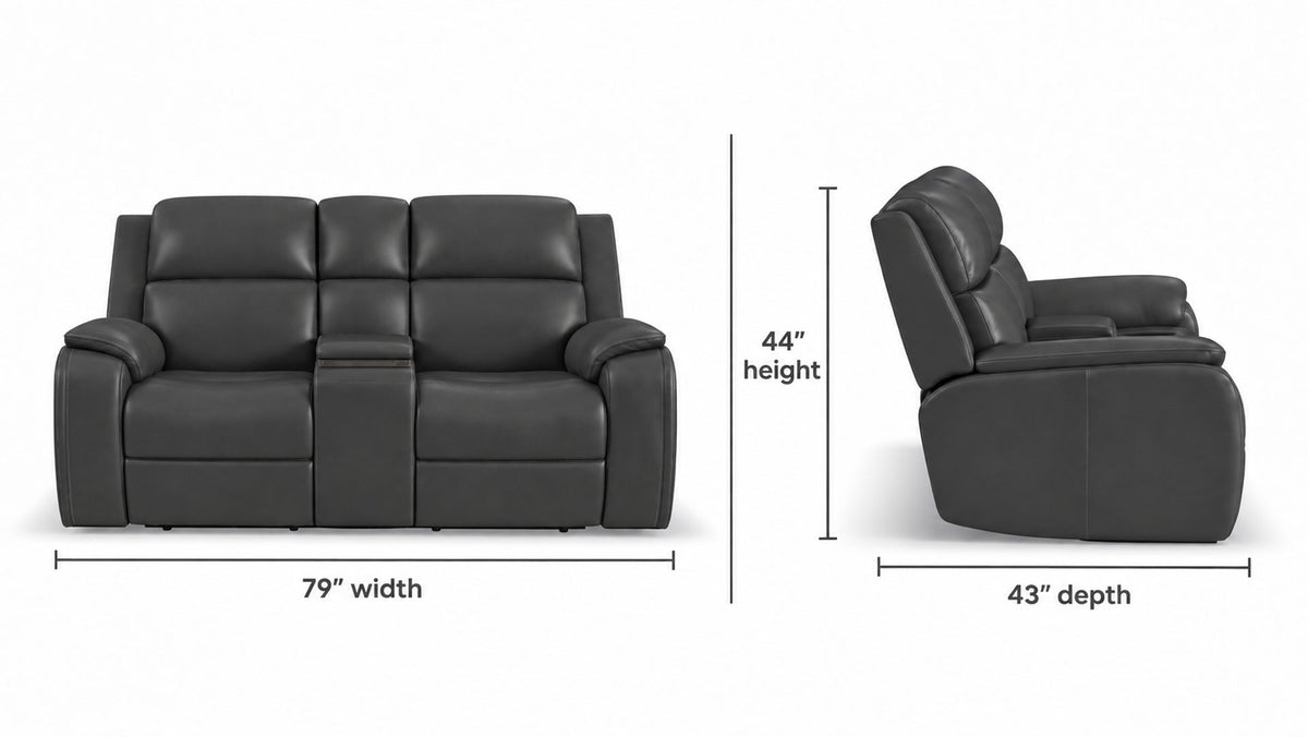 Brown leather reclining sofa shown from the front with dimension labels indicating 79 inches wide, 44 inches high, and 43 inches deep, alongside a side profile of a matching recliner on a white background.