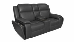 A black leather reclining loveseat sofa with a center console and cup holders, shown on a plain white background.