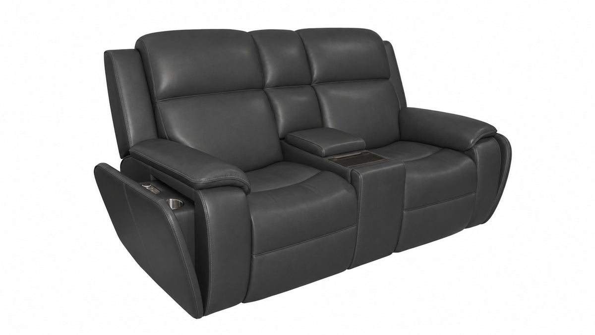 A black leather reclining loveseat sofa with a center console and cup holders, shown on a plain white background.