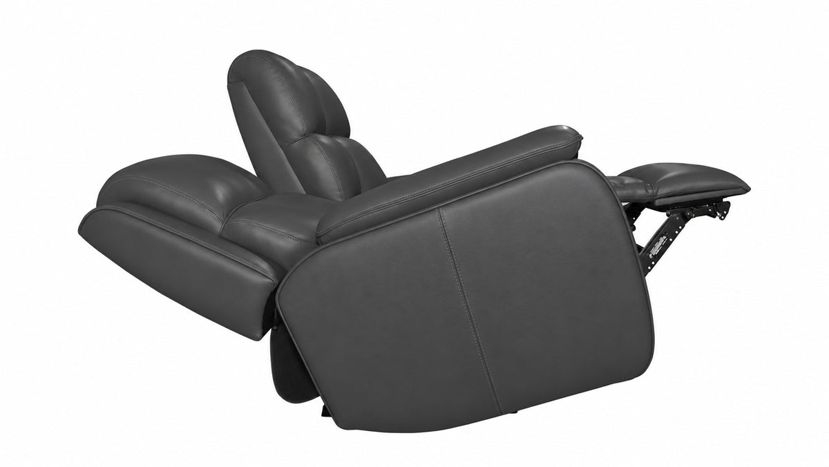 A dark gray leather recliner chair shown from a side angle against a plain white background.