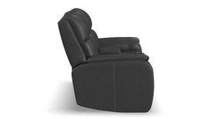 A black leather recliner chair shown from a side profile view against a plain white background.