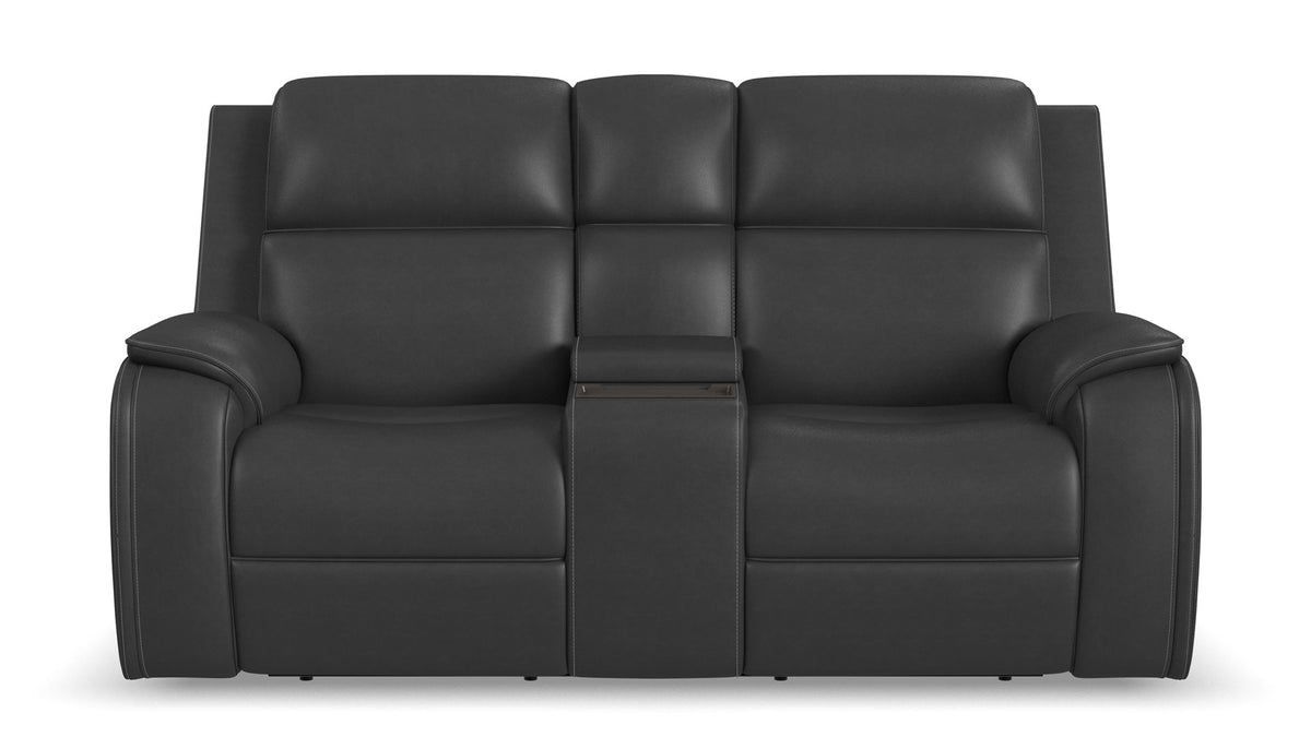A three-seat black leather reclining loveseat with a central console table, shown from the front against a plain white background.