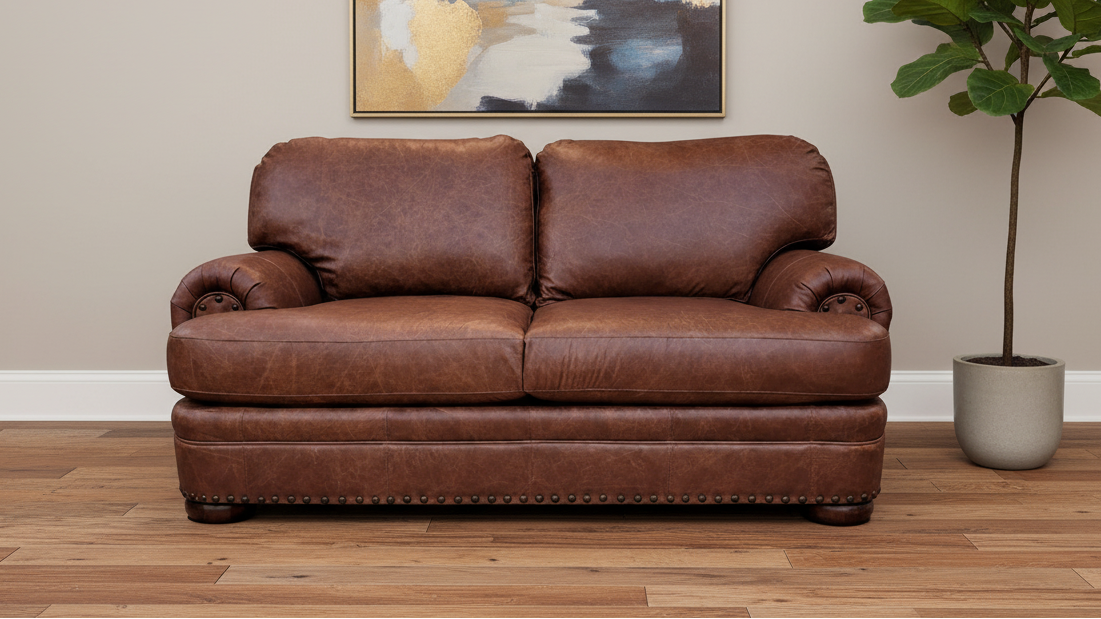 Brown leather sofa in a room with a painting and plant on the wall.