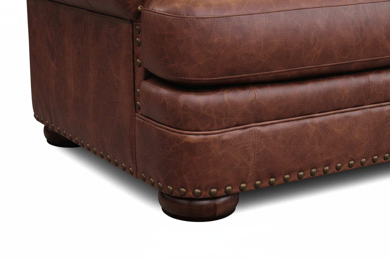 Close-up of a brown leather sofa with nailhead trim on a white background