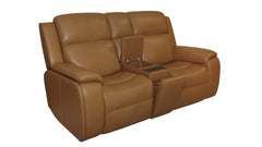 A two-seater power recliner loveseat in tan leather, featuring a central console with cup holders and a sliding tray table, isolated on a white background.