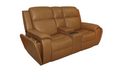 A two-seater power reclining loveseat in tan leather with a center console and side cup holders, shown on a plain white background.