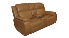 A two-seater power reclining loveseat in tan leather with a center console armrest and tray table, shown on a plain white background.