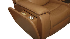 Close-up of a tan leather recliner chair showing the side armrest with a cup holder and control panel, isolated on a white background.
