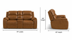 Brown leather reclining sofa shown from the front with dimension labels indicating 79 inches wide, 44 inches high, and 43 inches deep, alongside a side profile of a matching recliner on a white background.