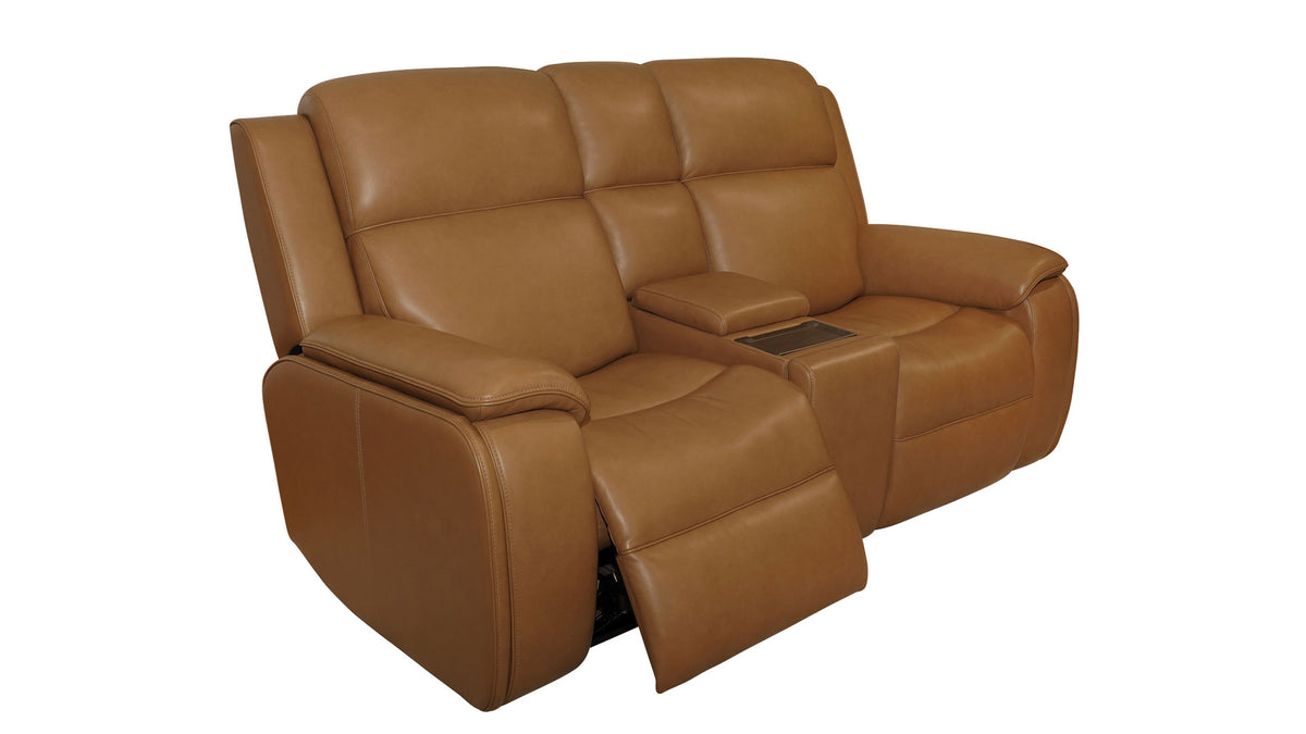 A brown leather reclining loveseat sofa with a center console armrest and cup holders, shown on a plain white background.