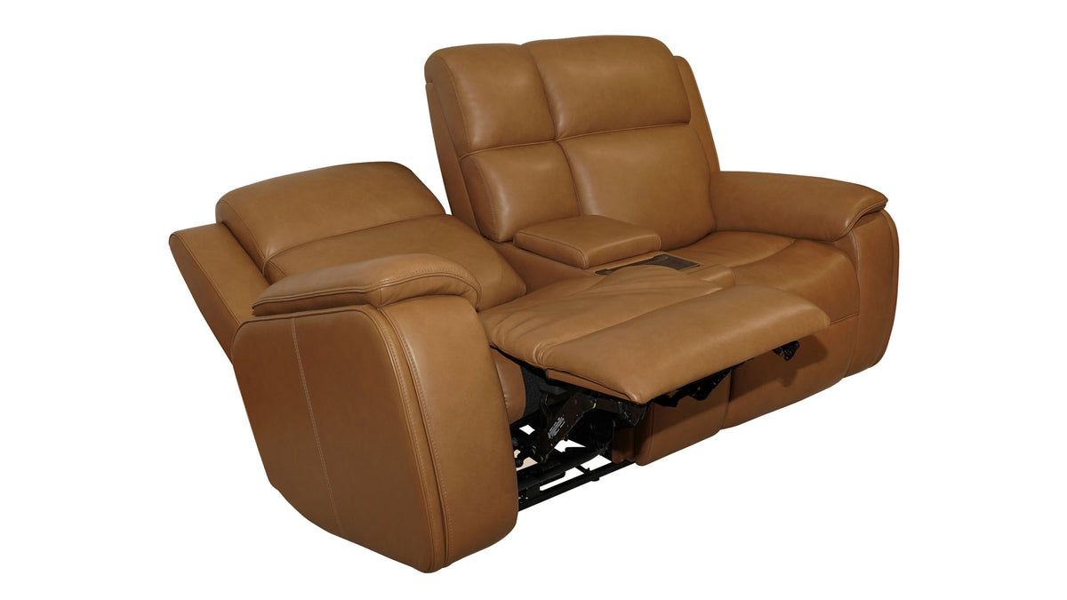 A brown leather reclining loveseat sofa with one seat cushion flipped up to show the mechanism, isolated on a white background.