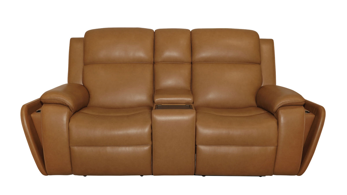 A three-seat power reclining loveseat in smooth tan leather, shown from the front against a plain white background.