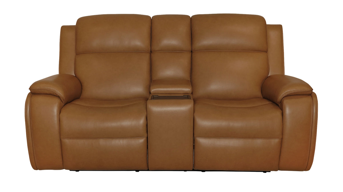 A three-seat power reclining loveseat in smooth tan leather, featuring a central armrest and cup holder, isolated on a white background.