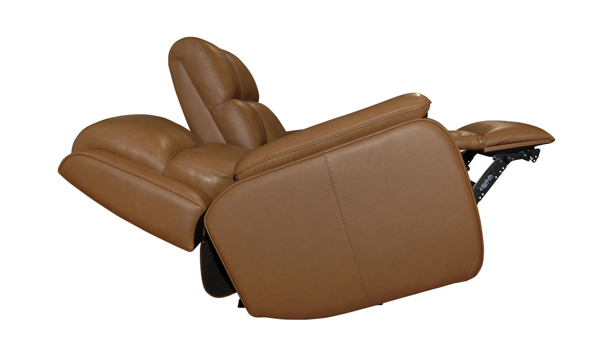 A brown leather recliner chair with the headrest and armrest extended, shown against a plain white background.