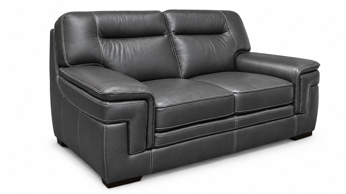 A modern two-seater loveseat sofa upholstered in dark charcoal gray leather, shown from a three-quarter angle on a white background.