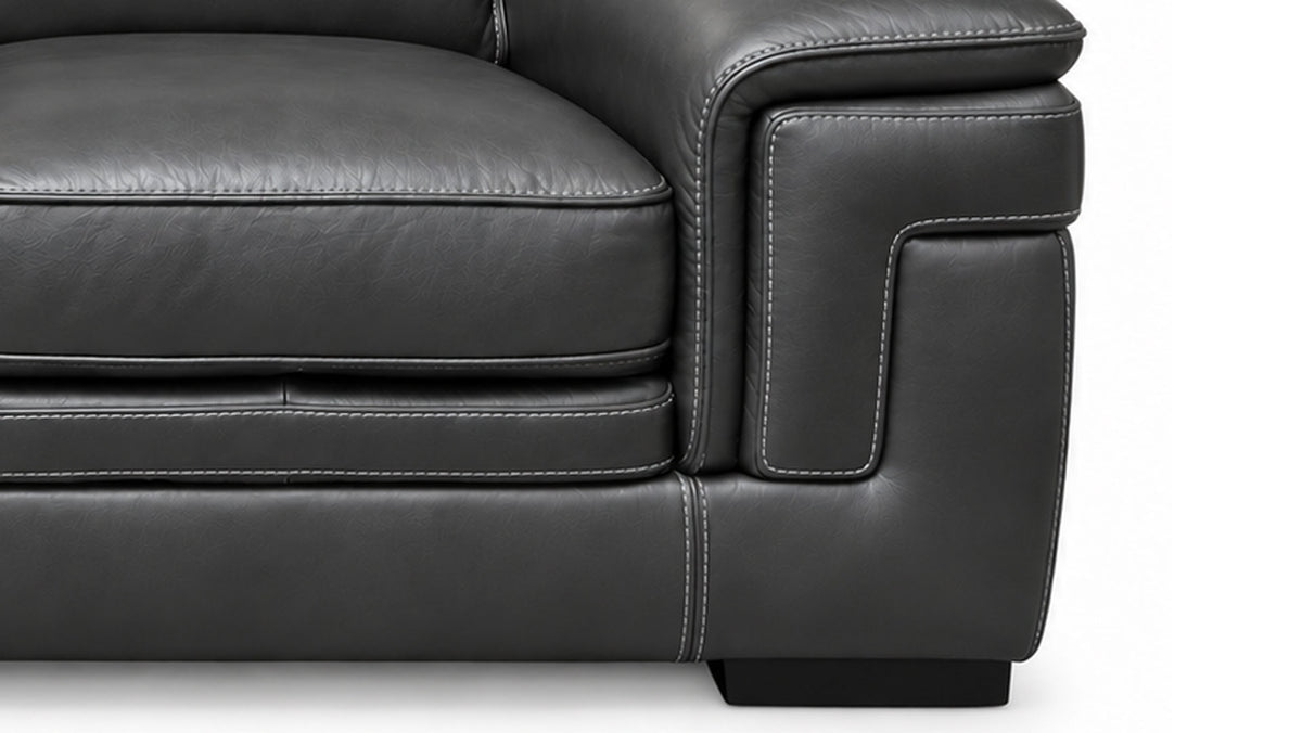Close-up of a dark gray leather sofa armrest showing the texture, stitching, and corner detail against a white background.