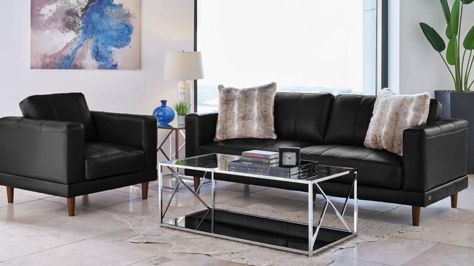 Loveseat  Fiero Black Leather Match